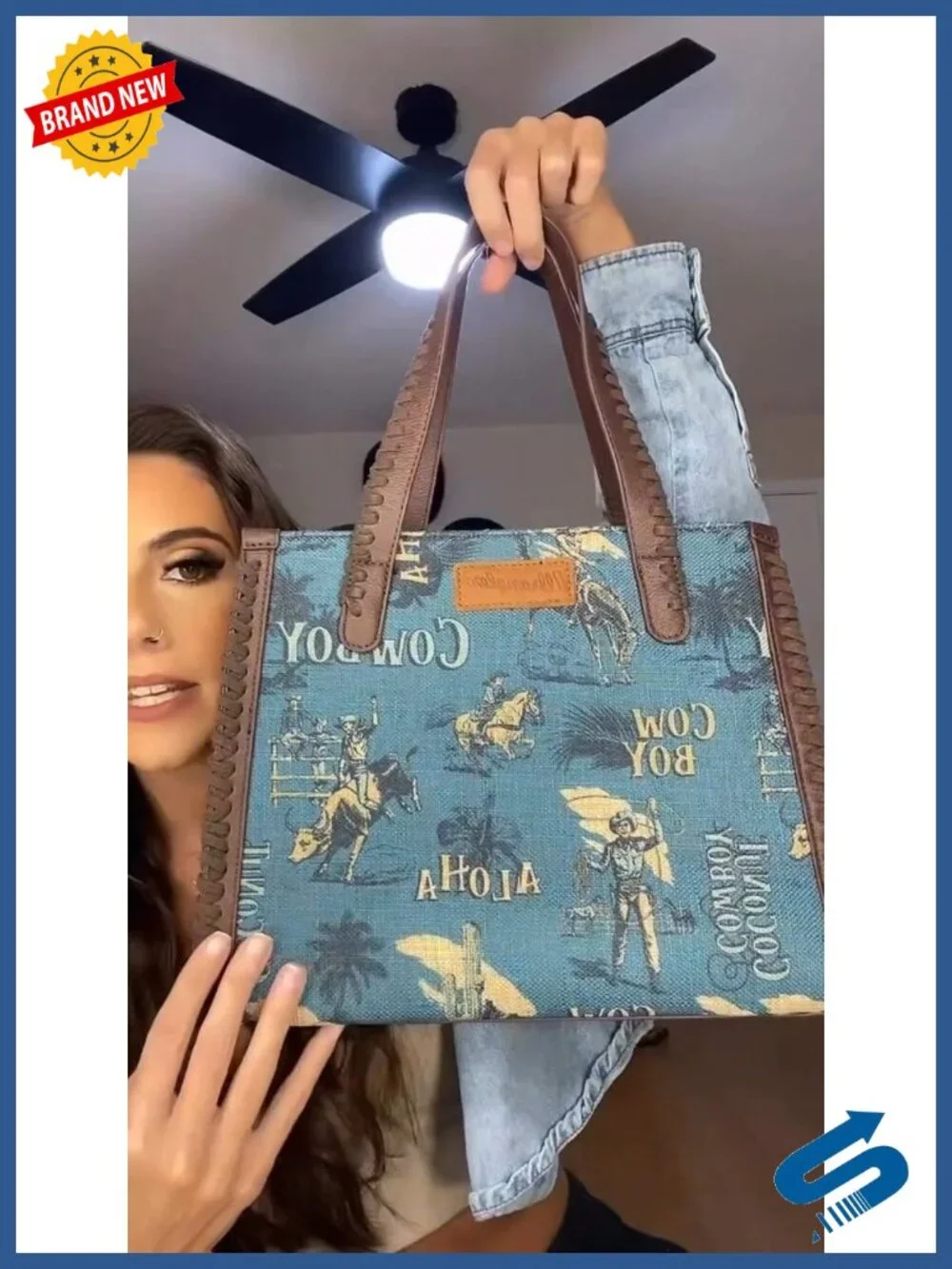 Western Cowboy Print Tote Crossbody Canvas Synthetic Leather
